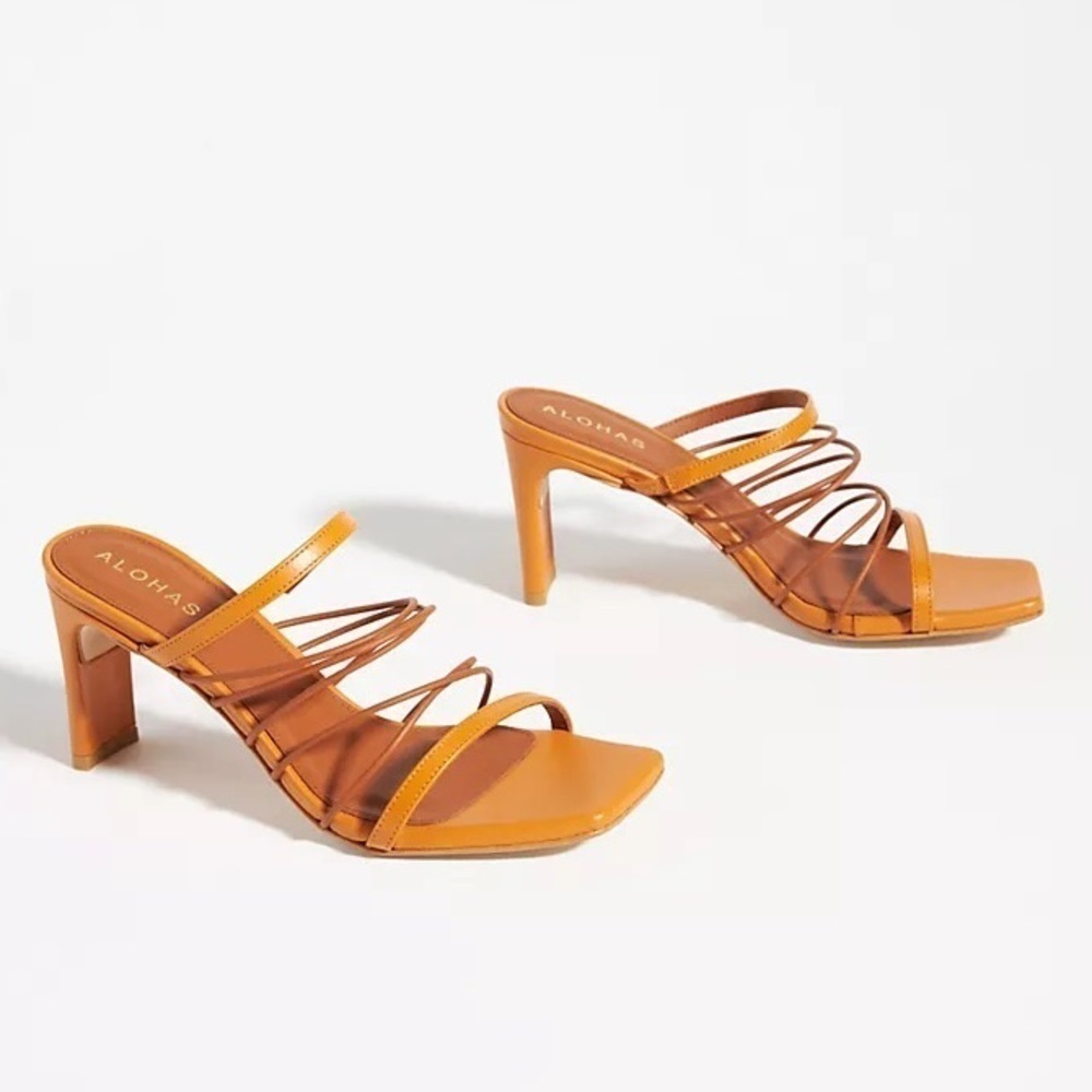 NWOT Alohas Anthropologie Strappy Orange/Brown Leather Heels